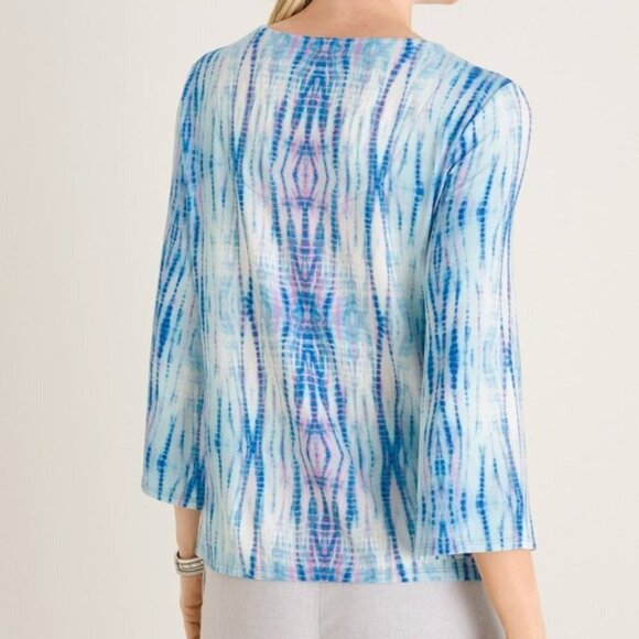 Chico's Tie Dye T Shirt Blouse Tie Front WaterColor Blue Purple NWT Large - Picture 10 of 12